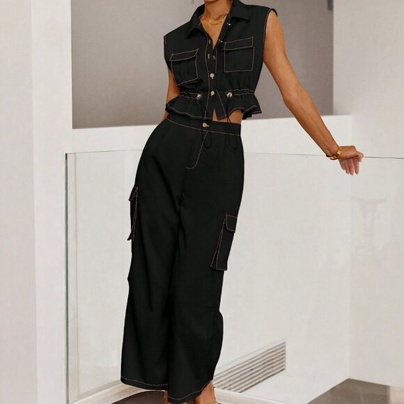 Women's Pocket Drawstring Waist Sleeveless Top And Casual Pants Set - Picture 1 of 4
